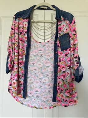Pastels Clothing Pink Floral Button-Down with Denim Trim